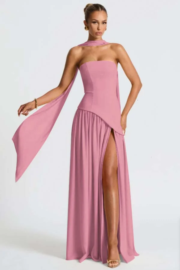 Light Yellow Fashion Split Strapless Summer Prom Dress With Scarf ZT0800