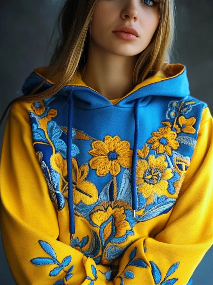 Ukraine Ethnic Floral Embroidered Contrast Color Hoodie