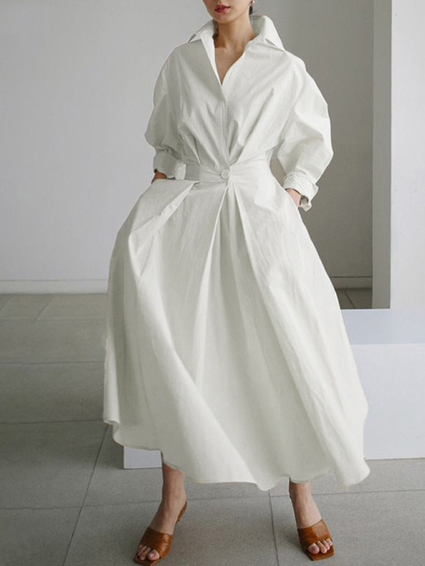 Mature Women Fashion Solid Color Elegant Shirt Maxi Dress