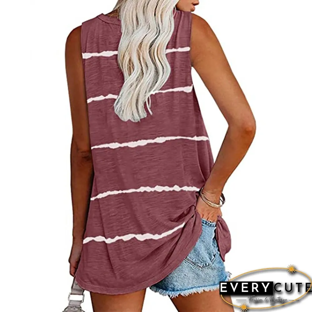 Wine Red Stripes V Neck Loose Pocketed Tank