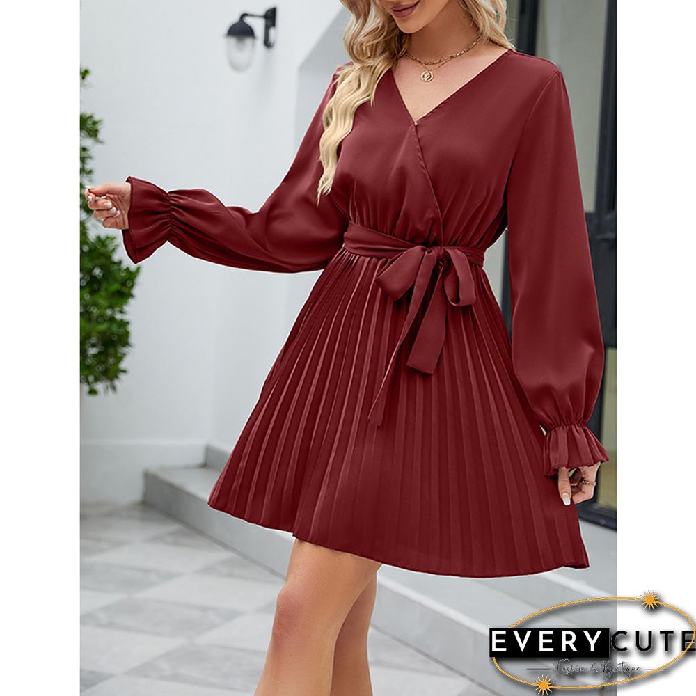 Burgundy V Neck Long Sleeve Pleated Mini Dress with Belt