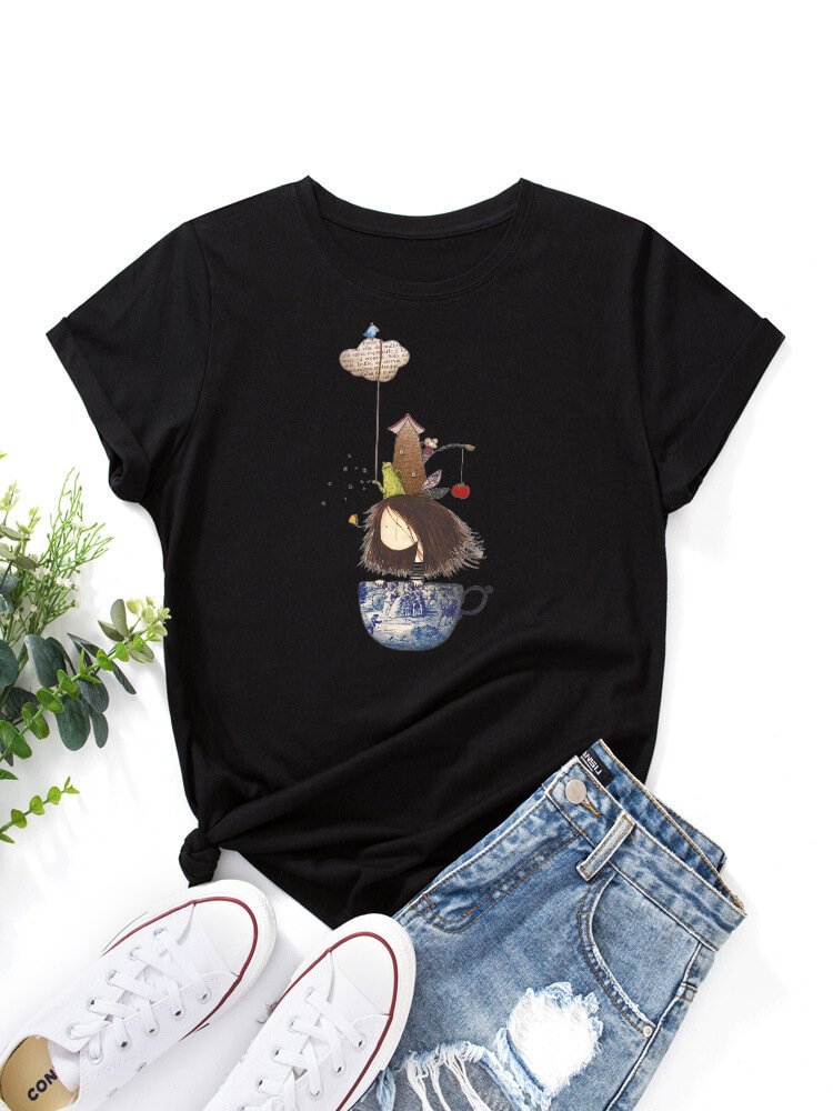 Cartoon Print O neck Short Sleeve T shirt For Women P1800171