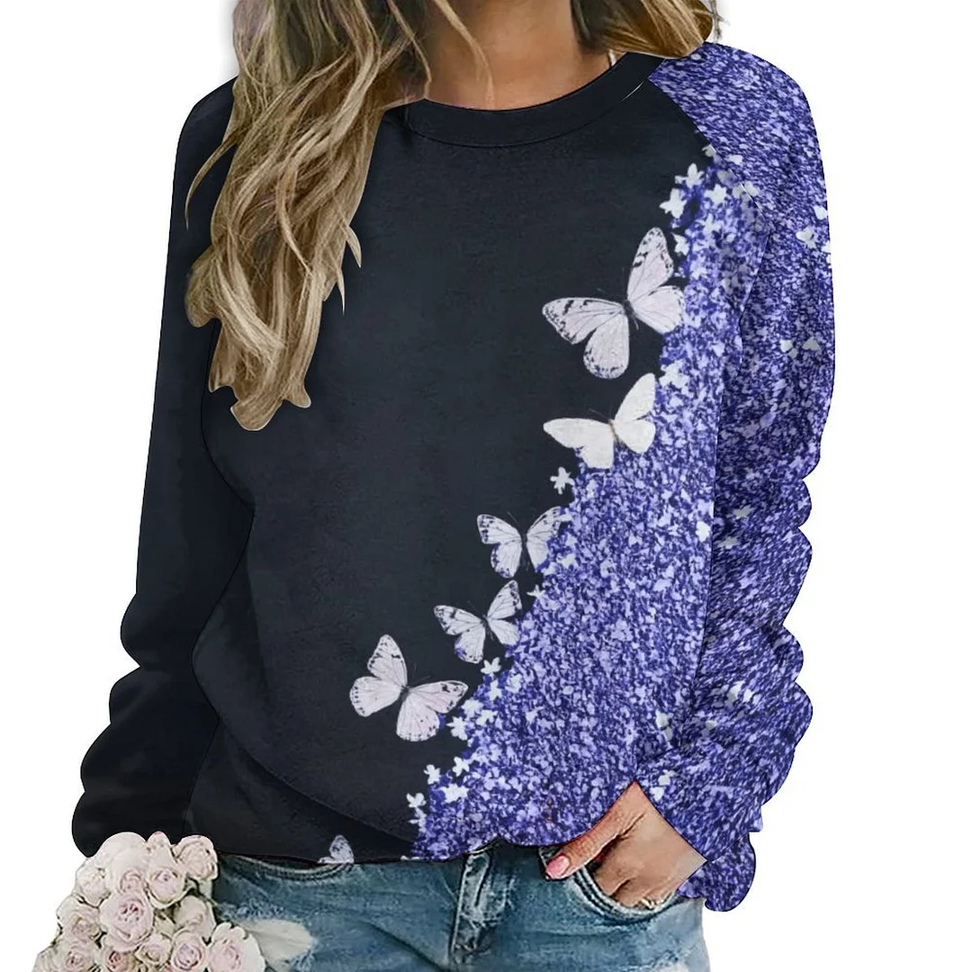 Printed Long Sleeve Casual Sweatshirt for  Women and Men Unisex Pattern Purple, Butterfly, Glitter