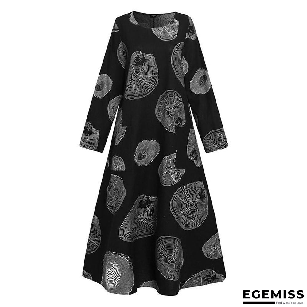 Autumn Women's Print Large Pocket Long Sleeve Casual Retro Dress Black Dresses | EGEMISS