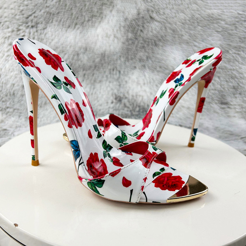 12cm Woman Red Flower Slipper High Heels Sandal Pointed Toe OL Vacation Ladies Dress Shoes Size33-45