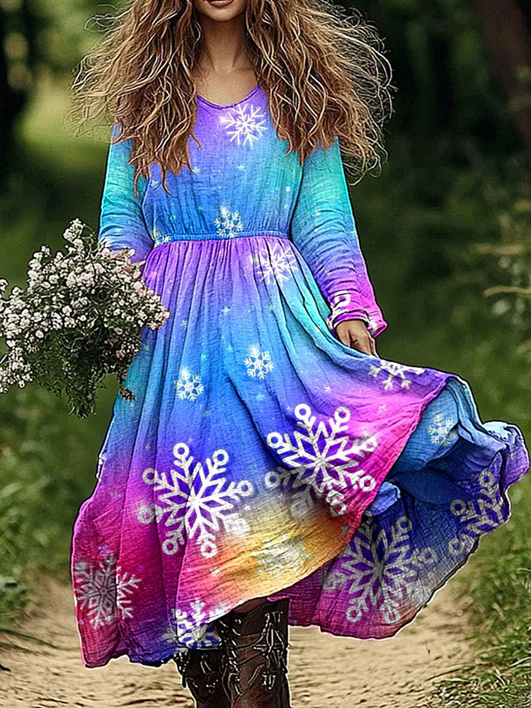 Womens Christmas Tree Pattern Cotton and Linen Dress