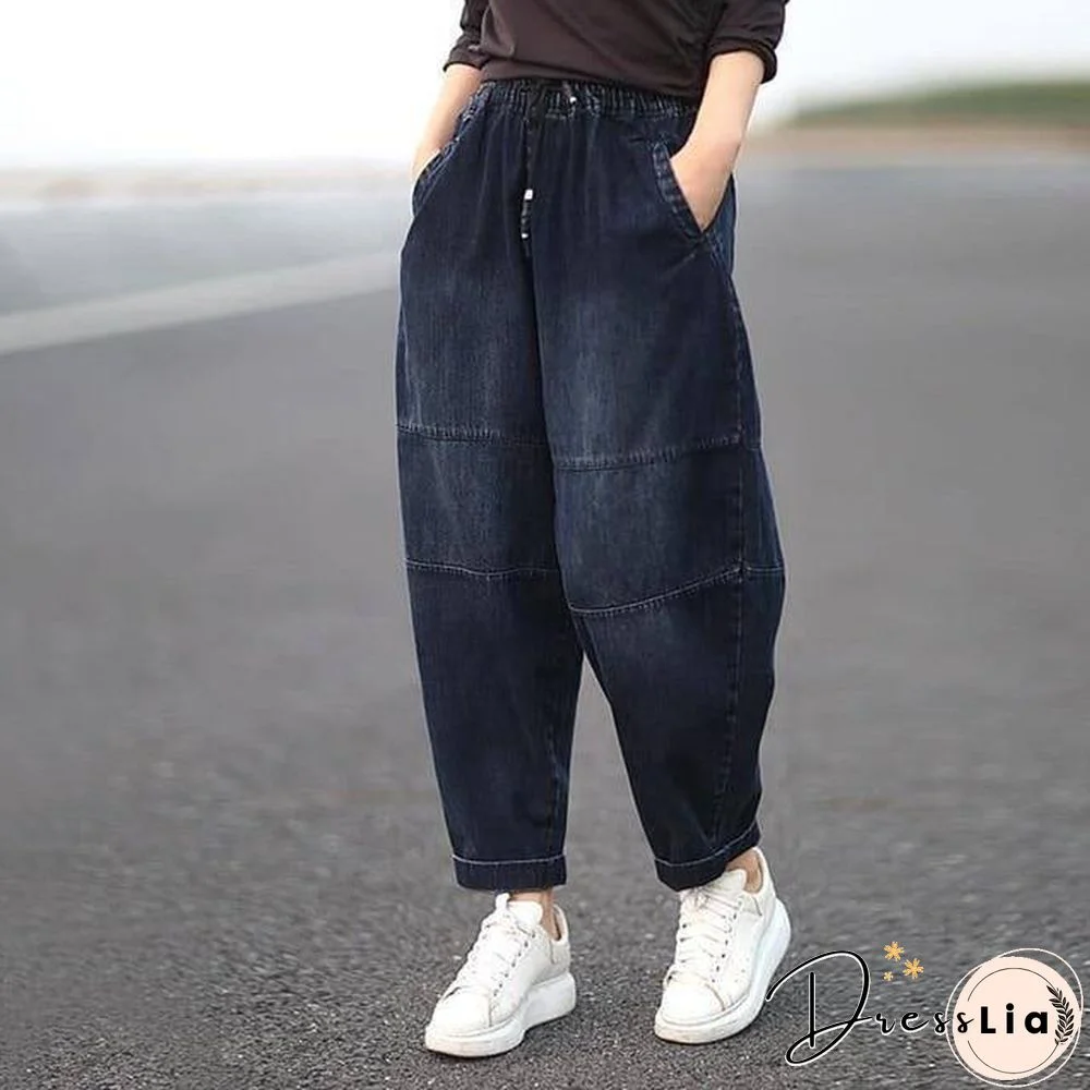 Autumn New Arts Style Women Elastic Waist Loose Jeans All-matched Casual Cotton Denim Harem Pants Plus Size vintage Jeans S555