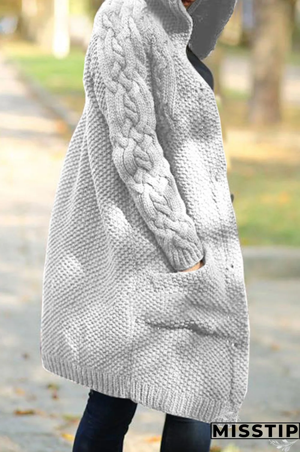 Khaki Casual Solid Cardigan Hooded Collar Outerwear