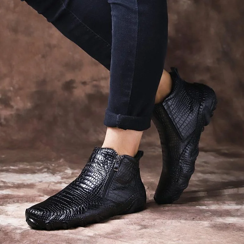 Men's Genuine Leather Flats Boots Zipper Ankle Shoes