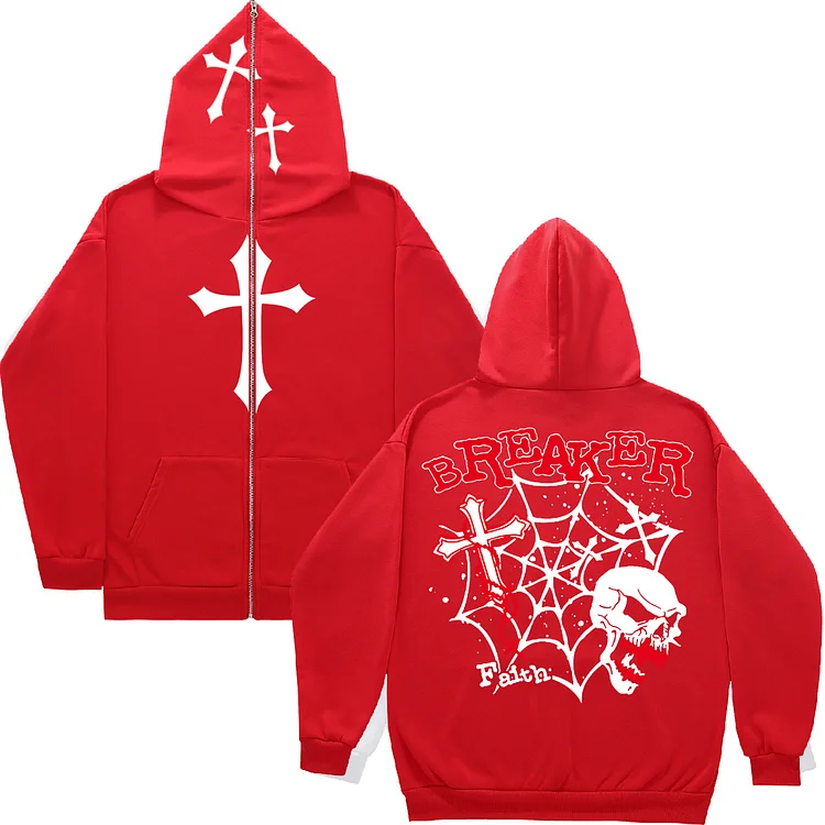 Cross Print Sweatshirt Hooded Casual Full Zip Up Hoodie at Hiphopee