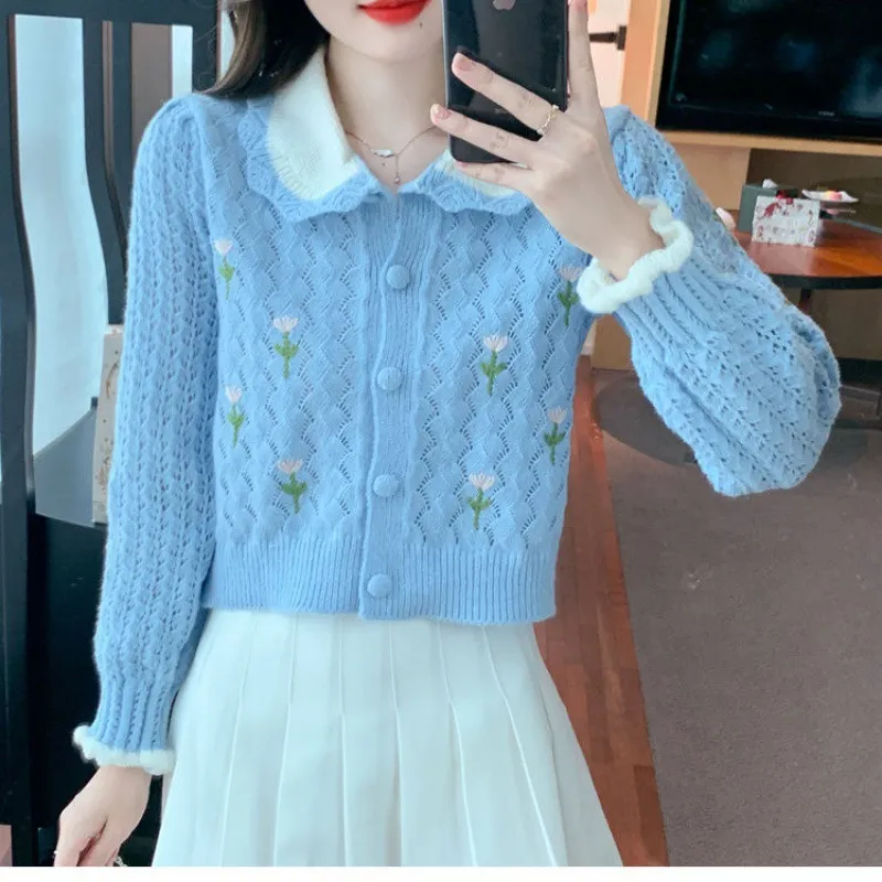 Churchf Churchf New Autumn With Long-Sleeved Sweater Versatile Show Thin Short Jacket Sweet Doll Collar Knit Cardigan Girl