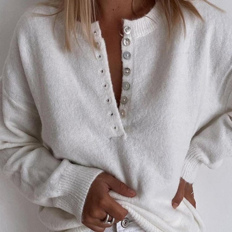 Classic Button Front Plain White Sweater