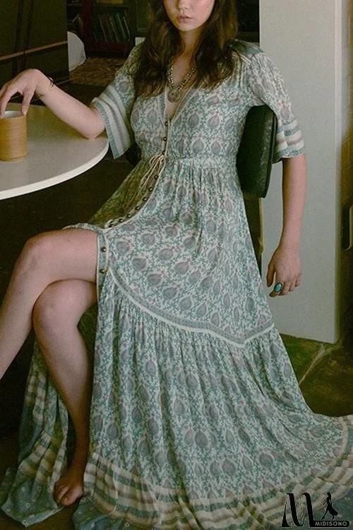 MidiSono - Print V Neck Short Sleeve Maxi Dress