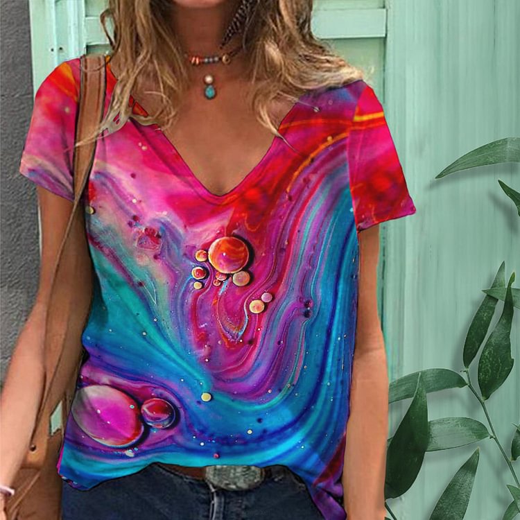 Artwishers Colorful Smudge Print V-Neck T-Shirt