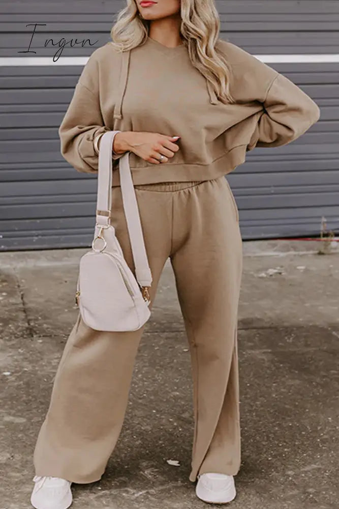 Ingvn - Casual Solid Frenulum V Neck Long Sleeve Two Pieces Camel / S Pieces/Two-Piece Pants Set