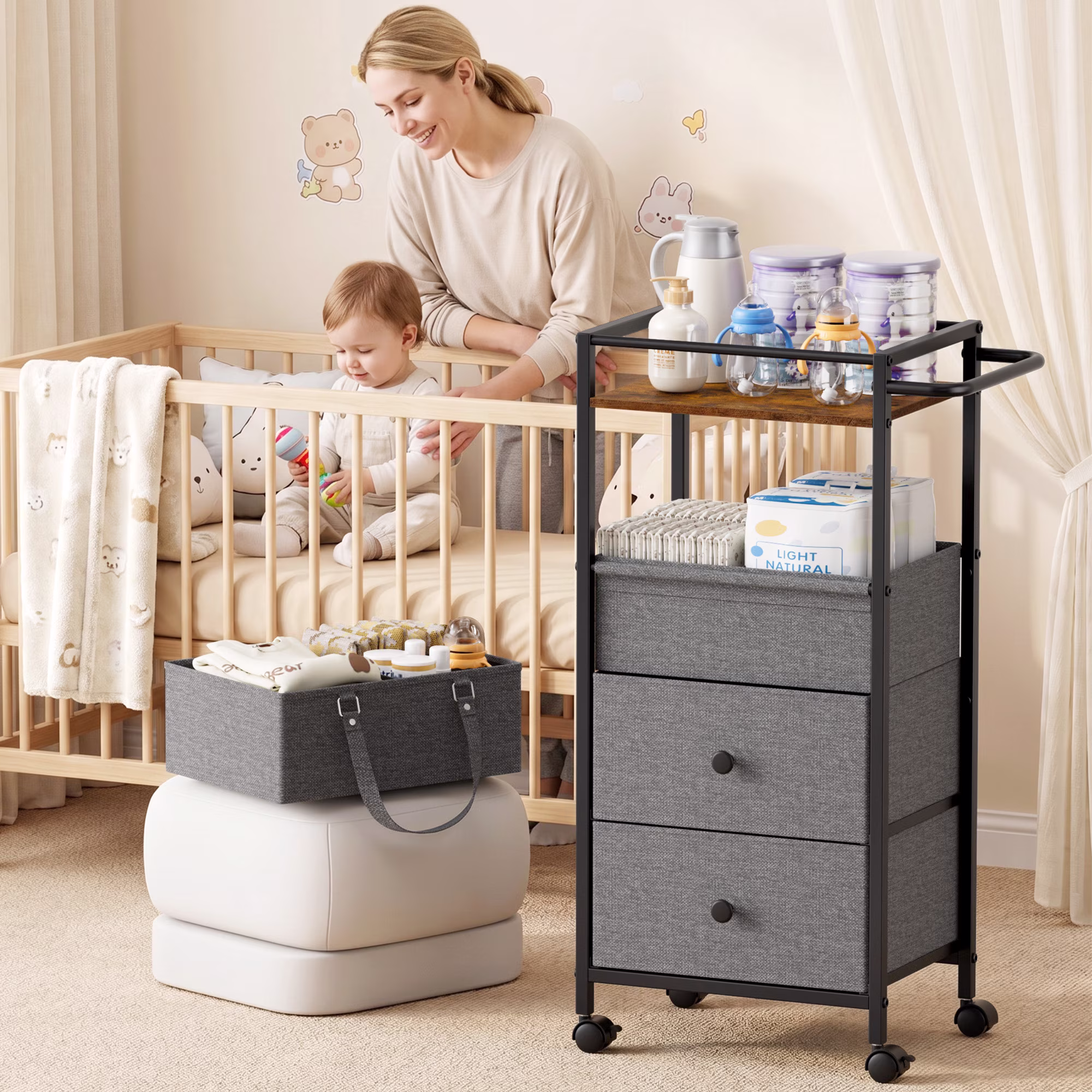 Baby Diaper Caddy Organizer Cart with Drawers - 3In1 Rolling Storage Cart with Wheels, Removable Diaper Caddy, Detachable Dividers - for Crib, Bedroom, Art & Craft Organizer (Black)
