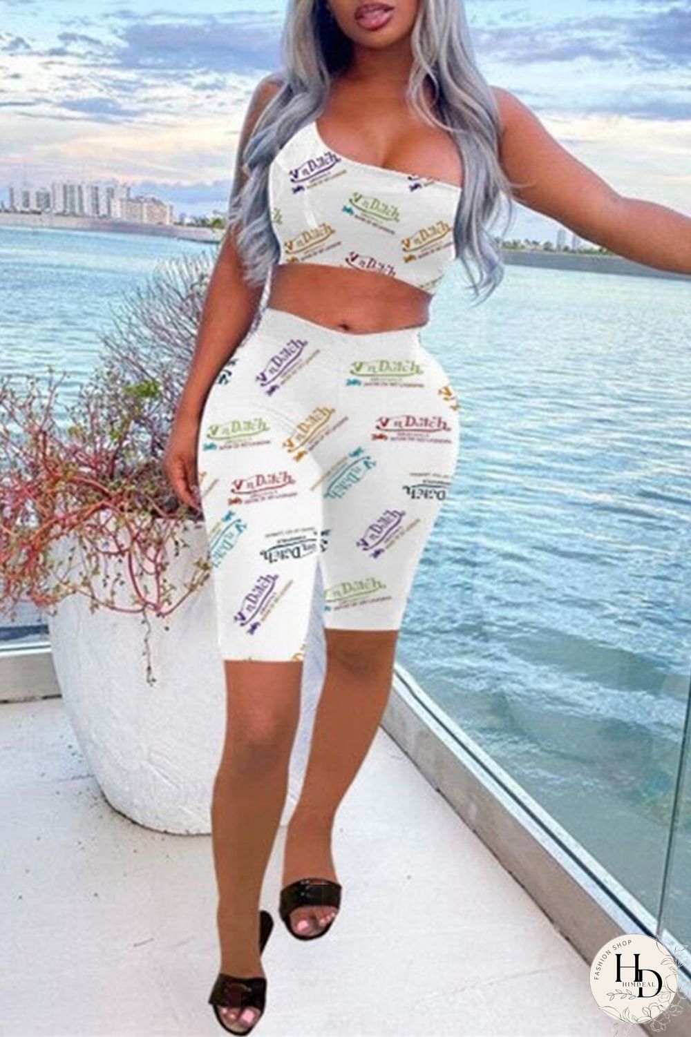 White Casual Sportswear Letter Print Vests One Shoulder Sleeveless Two Pieces