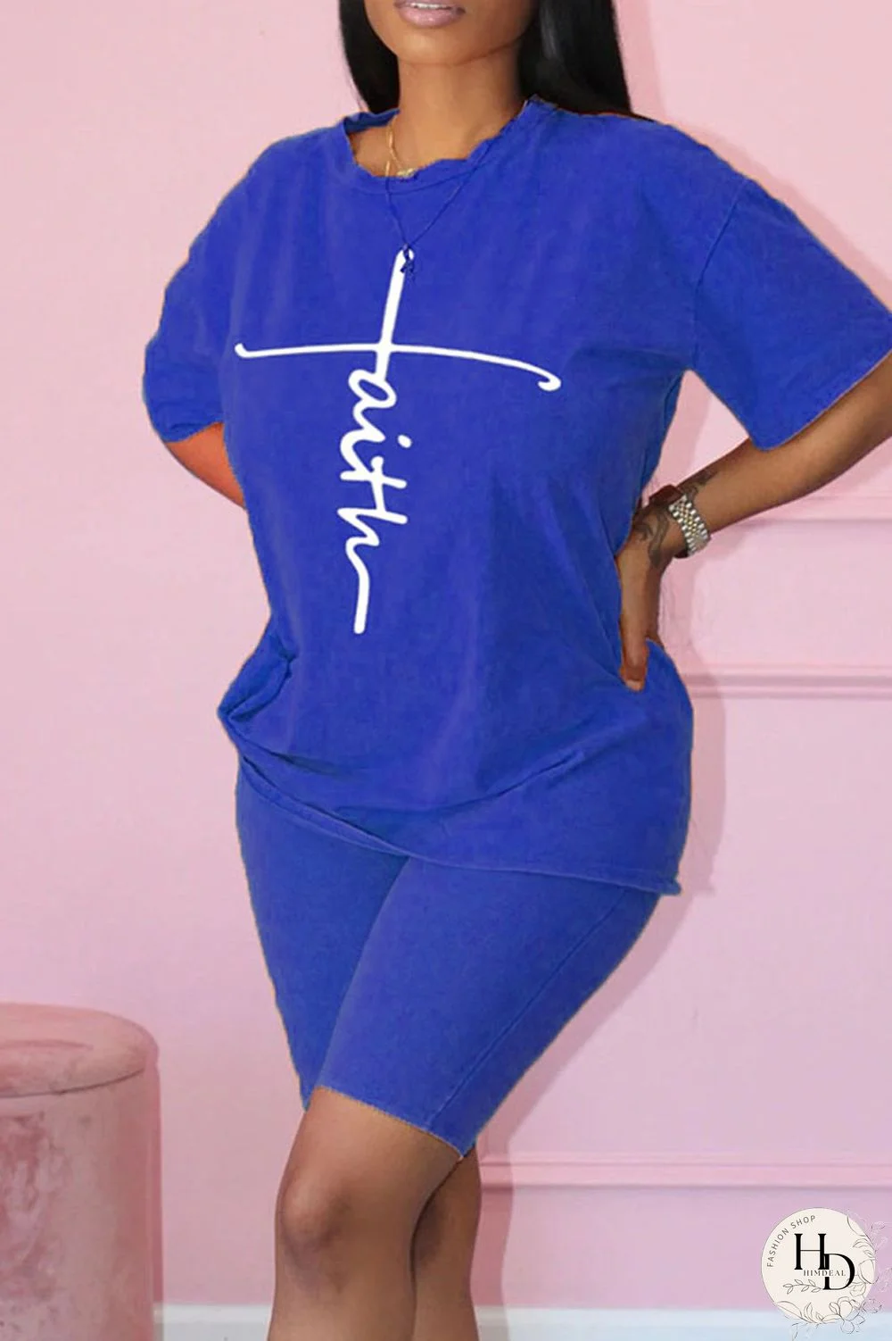 Black Casual Print Patchwork O Neck Short Sleeve Two Pieces