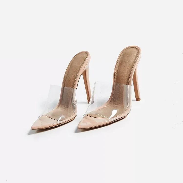 Nude Patent Leather Transparent Mule Heels |FSJ Shoes