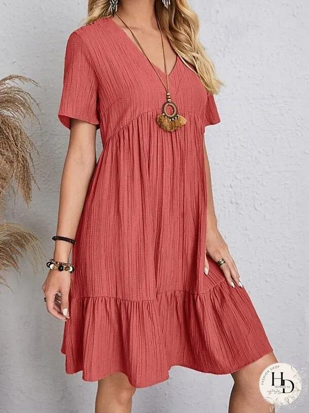 Casual Dress Shift Dress Plain Dress Plain Ruffle V Neck Midi Dress Basic Classic Outdoor Daily Short Sleeve Loose Fit Black Pink Red Spring Summer S M L XL XXL for Women