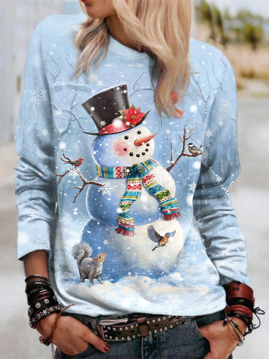 Women's Christmas Graphic Solid Color Scoop Neck Long Sleeve Top