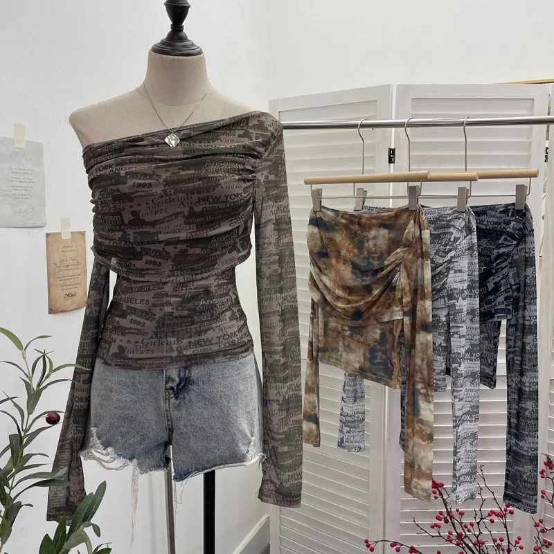 Nigikala Nigikala Tie-Dye-Print Mesh Folded Long-Sleeved T-Shirt With A Word-Collar Slanted Shoulder-To-Back Short Top 1183