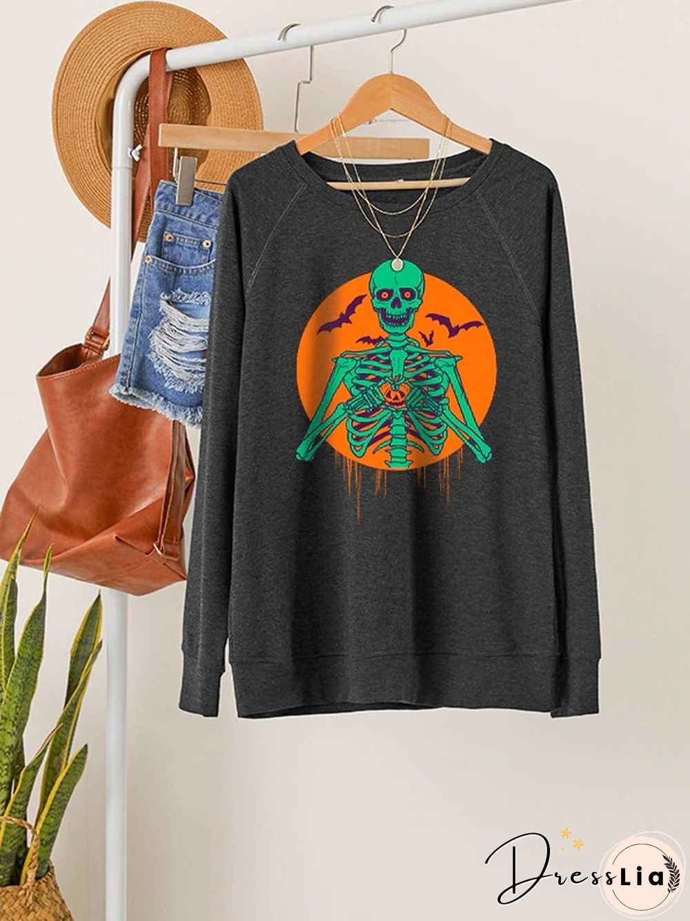 Halloween Skull Print Pullover Sweatshirt