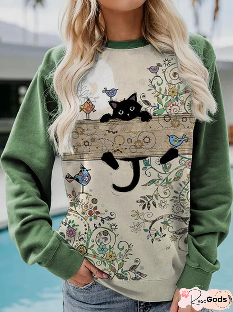 Casual Floral Animal Pattern Crew Neck Sweatshirts