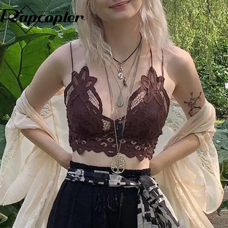 Rapcopter y2k Lace Crop Top Backless Grunge Fairycore V Neck Corset Camis Vintage Solid Cute Party Beach Sweats Women Chic Vests