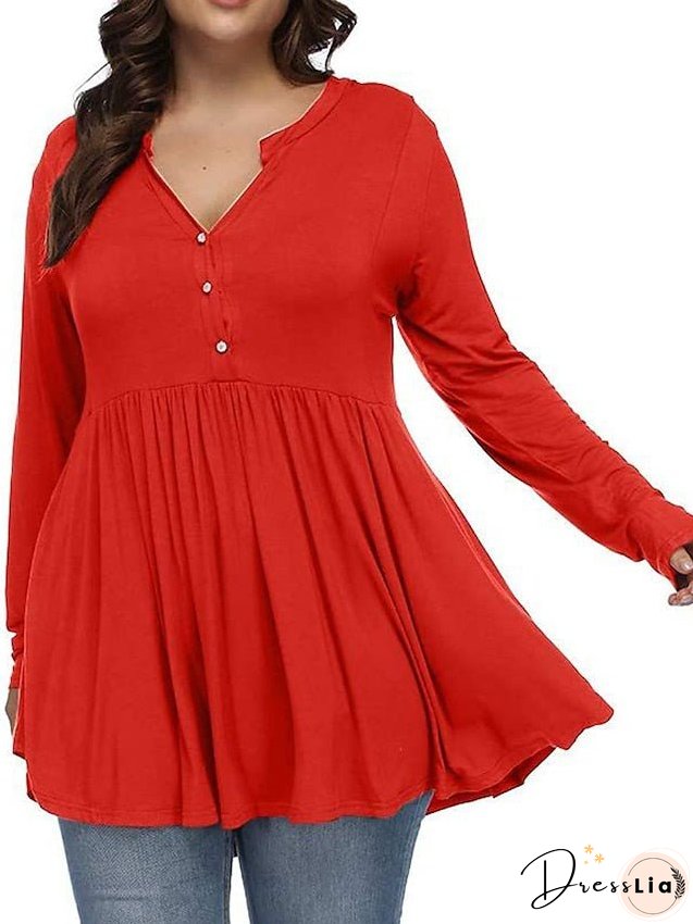 T shirt Tee Light Blue claret Deep Purple Plain Button Flowing tunic Long Sleeve Daily Weekend Basic V Neck Long Plus Size L for Women