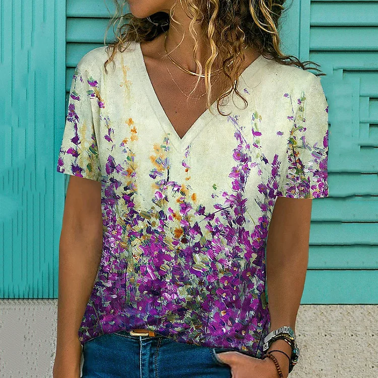 Gradient Floral Printed V Neck Casual Short Sleeve T-Shirt
