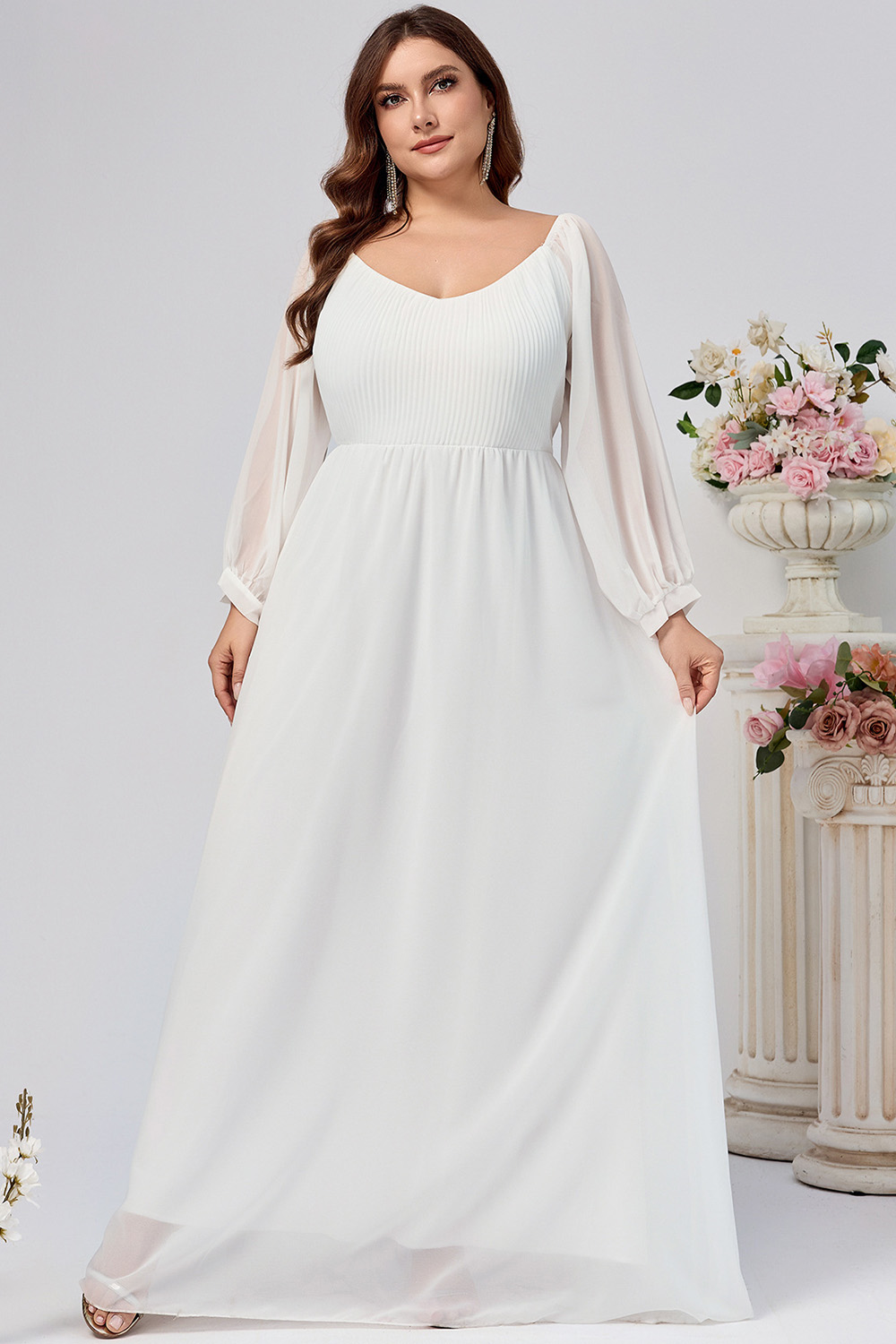 Plus Size Formal White Chiffon See-Through Lantern Sleeve Maxi Dress