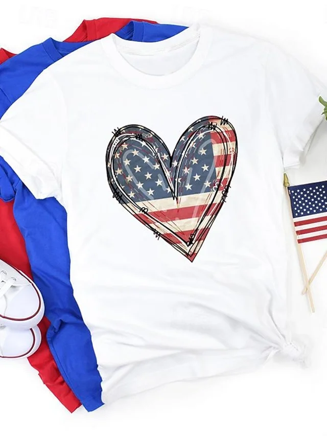 Women's Cotton Heart American Flag Print Black Short Sleeve T-shirt socialshop
