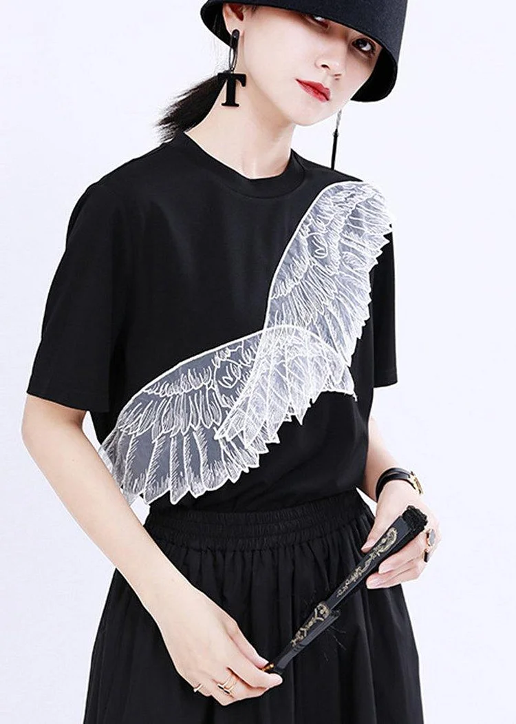 Women Black Embroidery Appliques Cotton Tee Summer