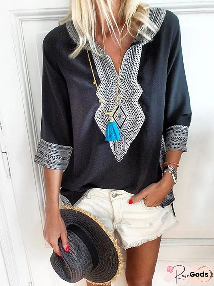 Casual Paneled V Neck Geometric Blouse