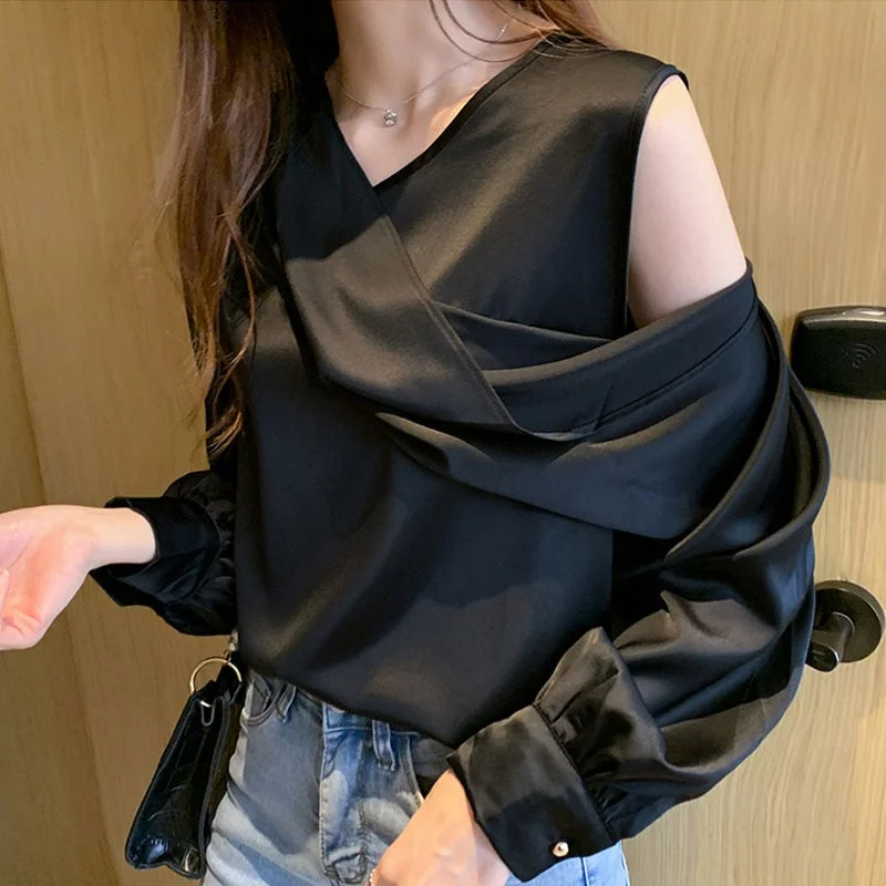 Spring Autumn Elegant Satin Blouse Women Off-Shoulder Long Sleeve V-Neck Slim Chiffon Blouse Solid OL Tops Chemisier Femme 11202