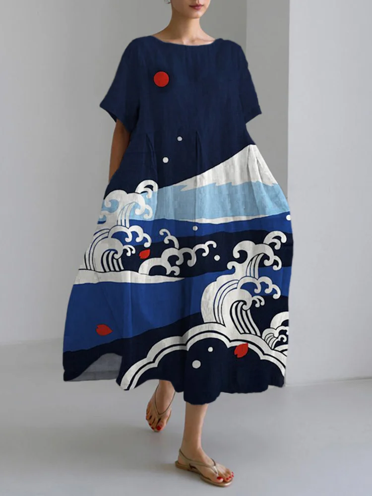 Japanese Art Print Linen Maxi Dress