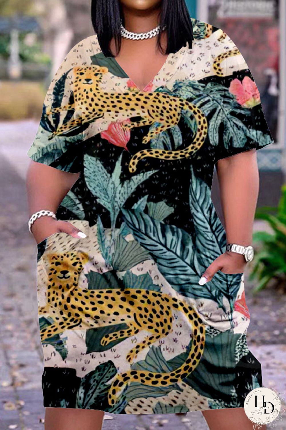 Purplish Blue Fashion Casual Print Basic V Neck Short Sleeve Dress