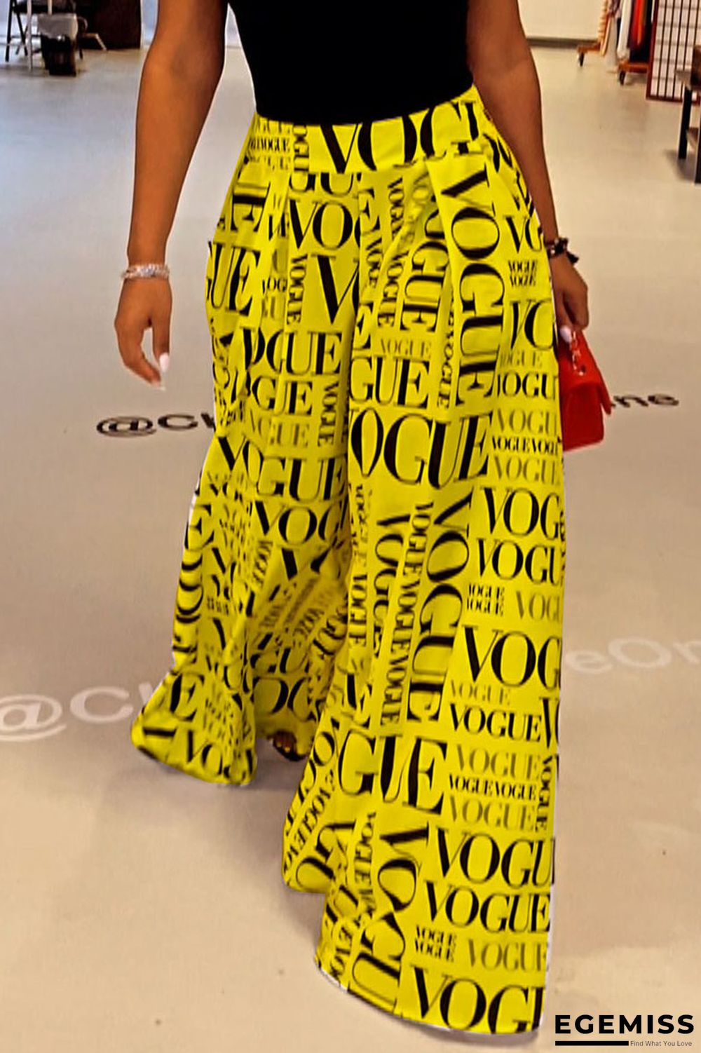 Yellow College Print Patchwork Loose High Waist Wide Leg Full Print Bottoms | EGEMISS