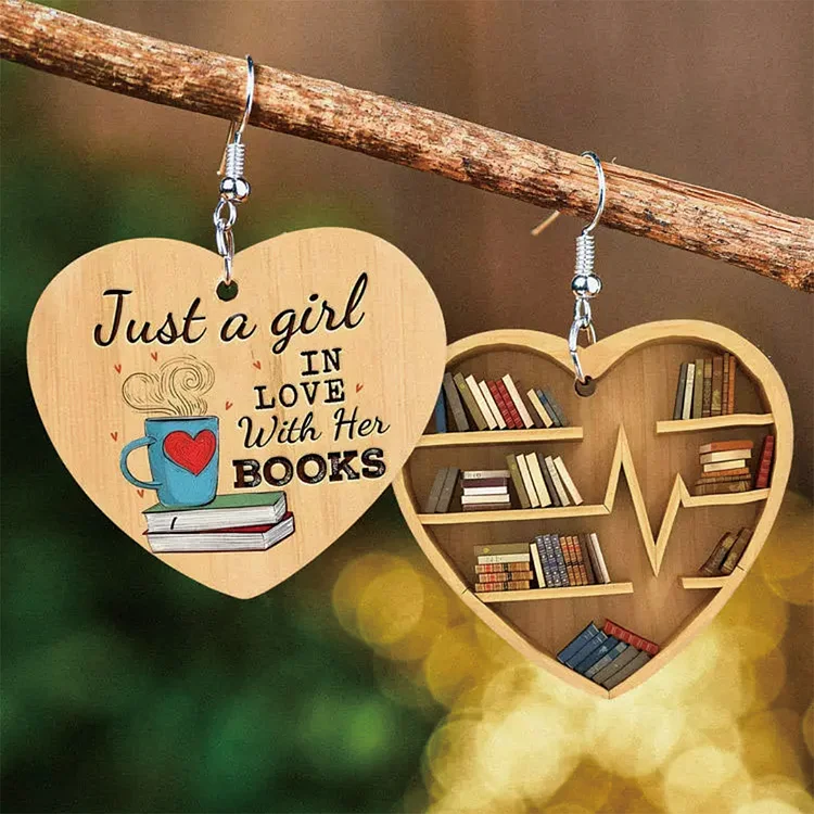 💝Souvenir Gift Idea -  Funny Book Heart Wood Library Pendant Earrings Creative Love Earings-Annaletters