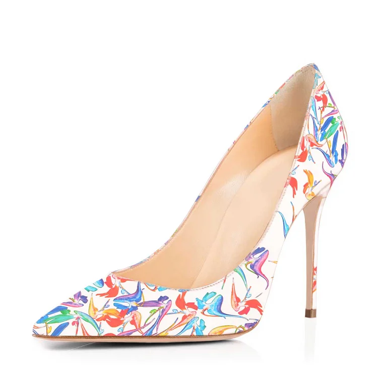 Lillian White Pointed Toe Low-cut Floral Heels Stiletto Heel Pumps |FSJ Shoes