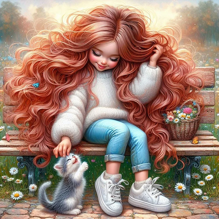 Red-Haired Girl And Kitten 40*40CM (Canvas) Full Round Drill Diamond Painting gbfke