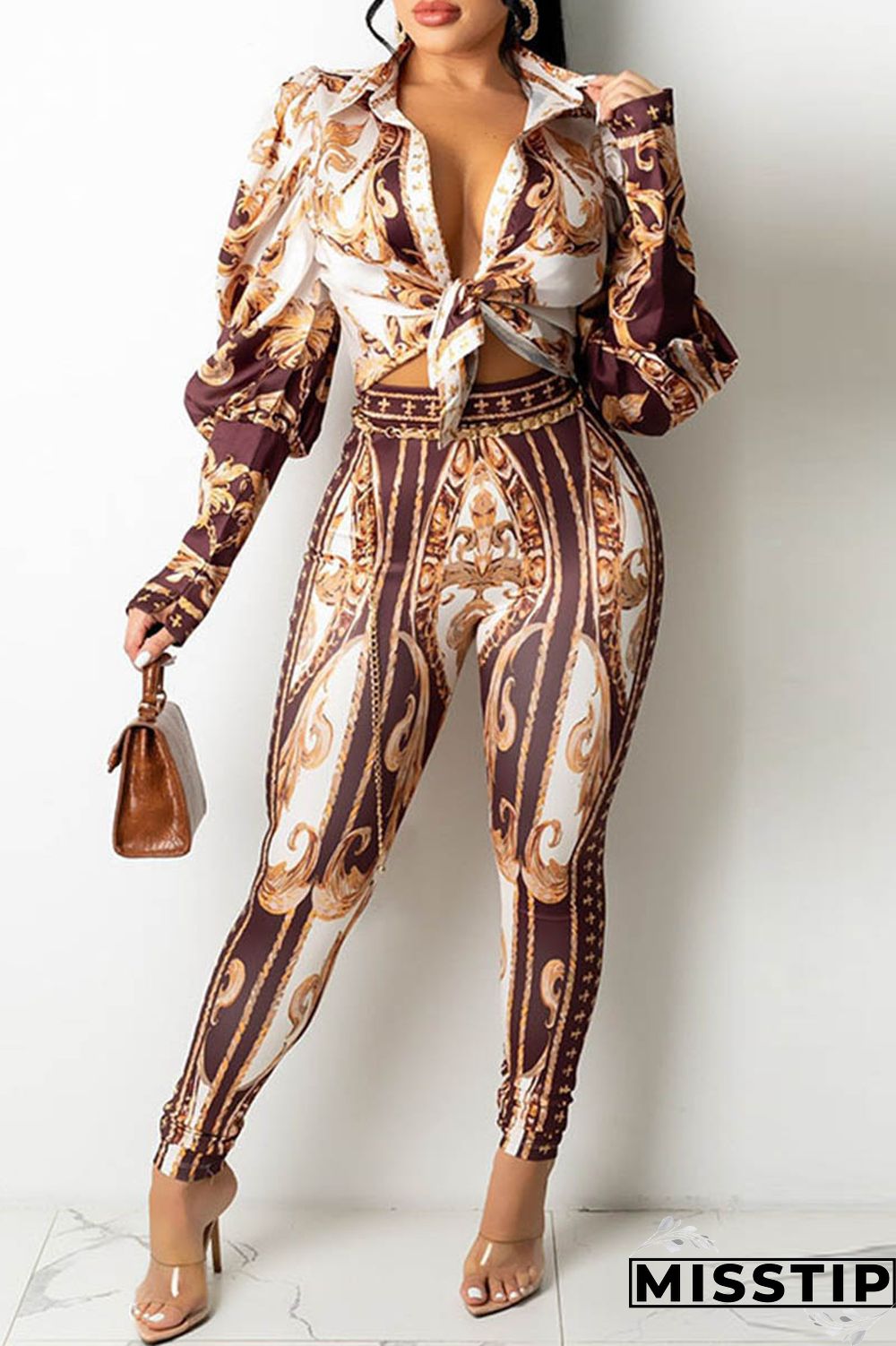 Deep Blue Casual Print Patchwork Turndown Collar Long Sleeve Two Pieces