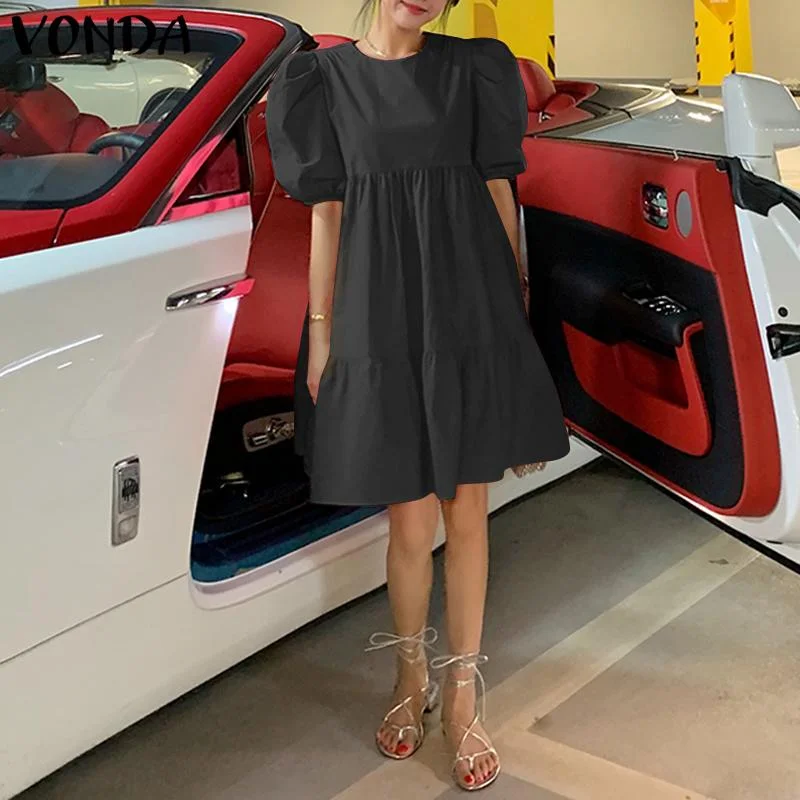 Casual Shorts Sleeve Solid Mini Dress VONDA 2022 Women Summer Puff Sleeve Pleated Dresses Bohemian Vestidos Summer Robe S-
