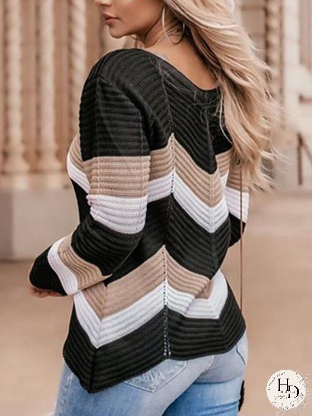 Contrast Color Long Sleeve V-neck Pullover Knit Sweater