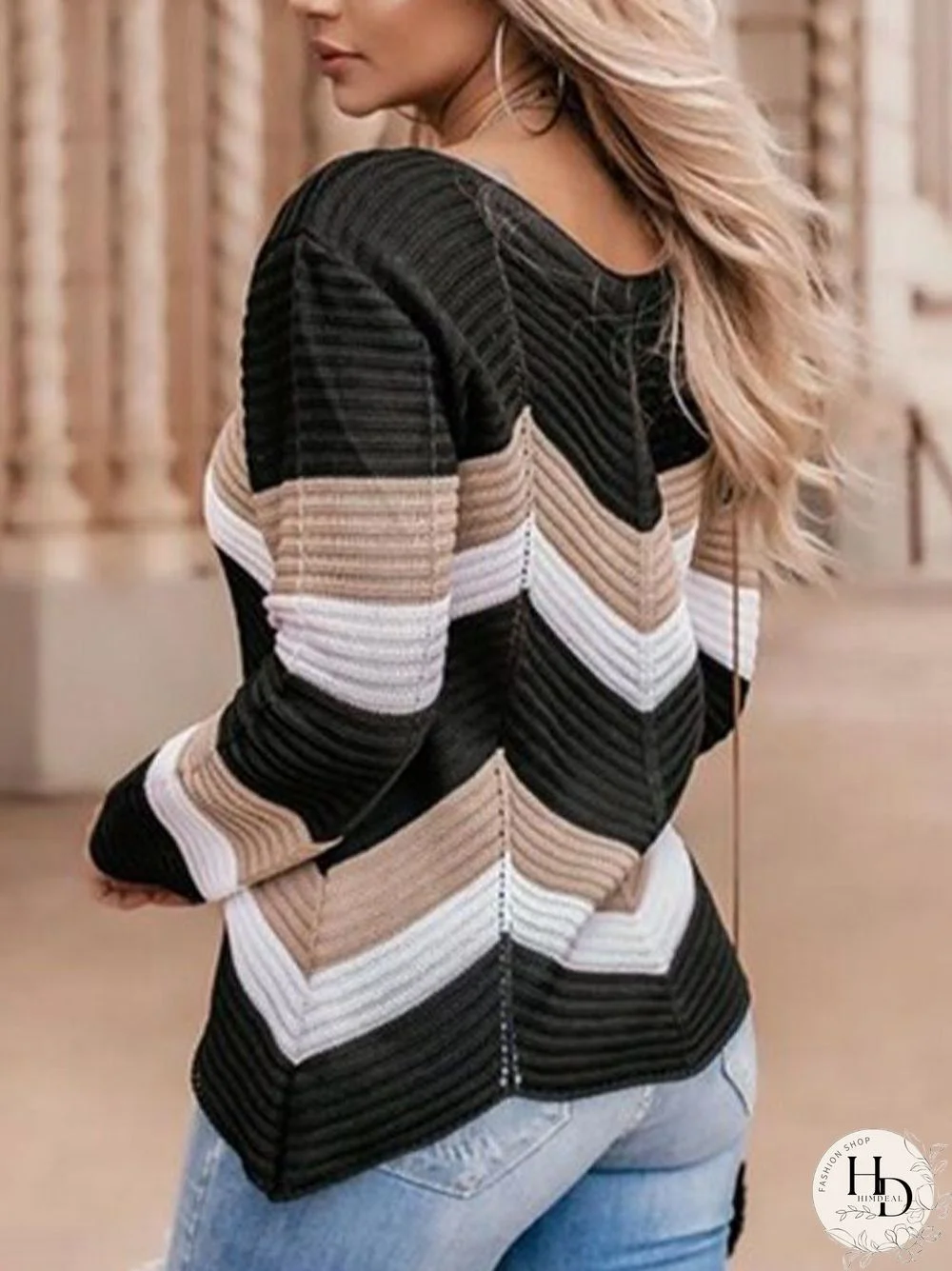 Contrast Color Long Sleeve V-neck Pullover Knit Sweater