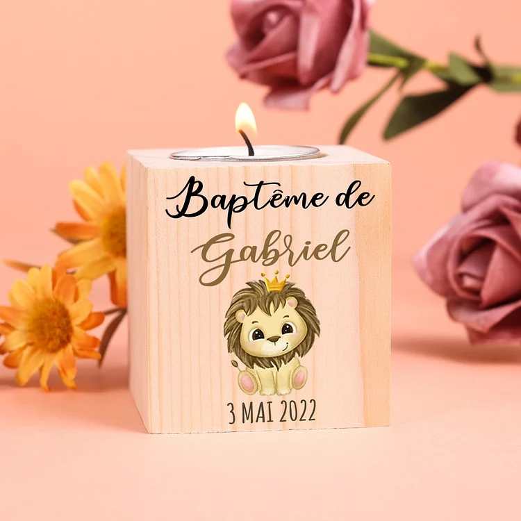 Baptême Bougeoirs en Bois Lion Prénom Personnalisé avec Texte sans Bougie Jessemade FR