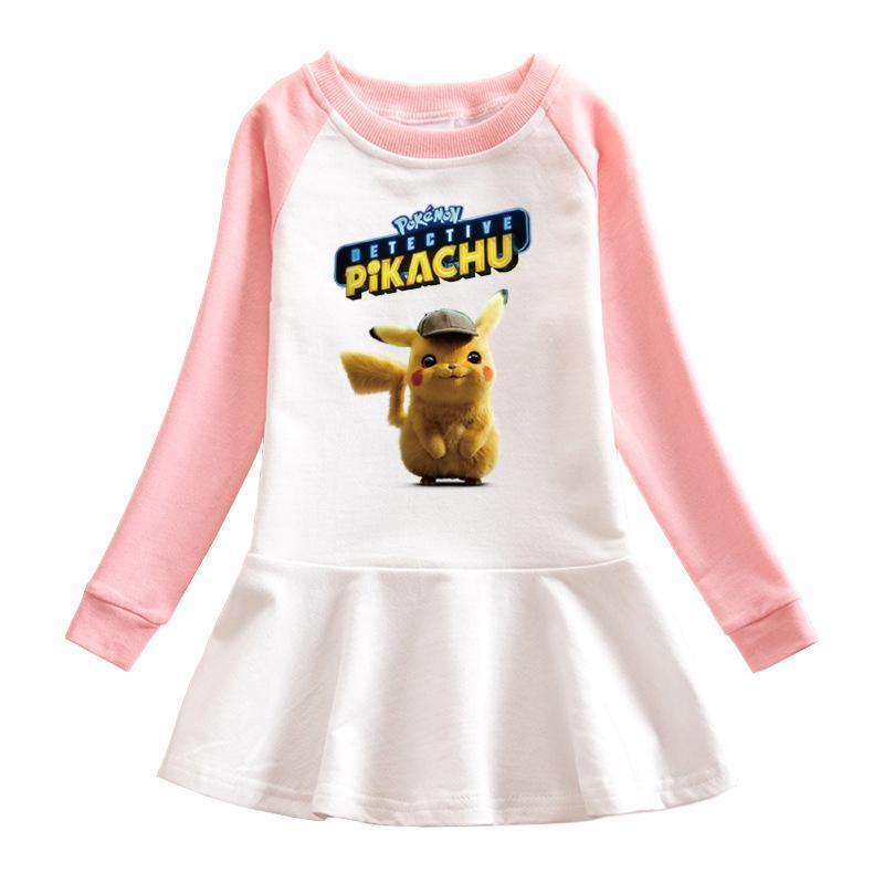 Pokemon Detective Pikachu Print Girls Long Sleeve Frill Cotton Dress-Mayoulove