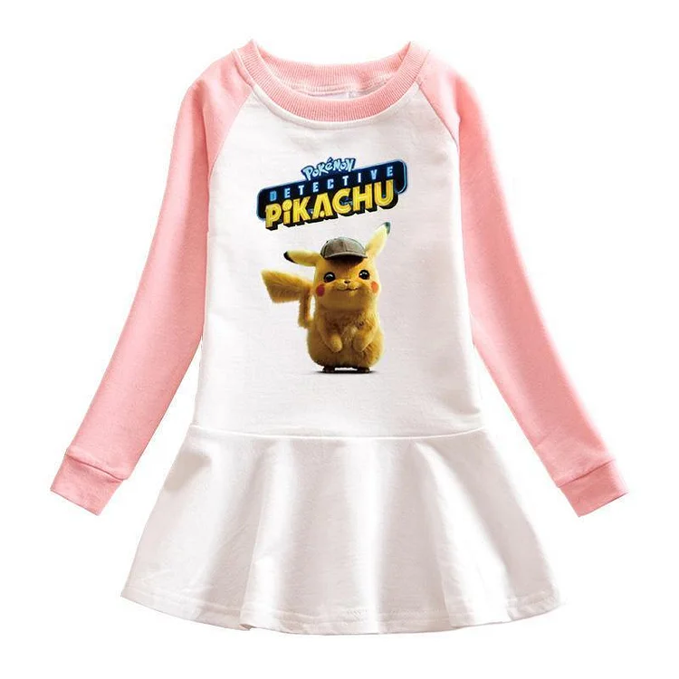 Pokemon Detective Pikachu Print Girls Long Sleeve Frill Cotton Dress-Mayoulove