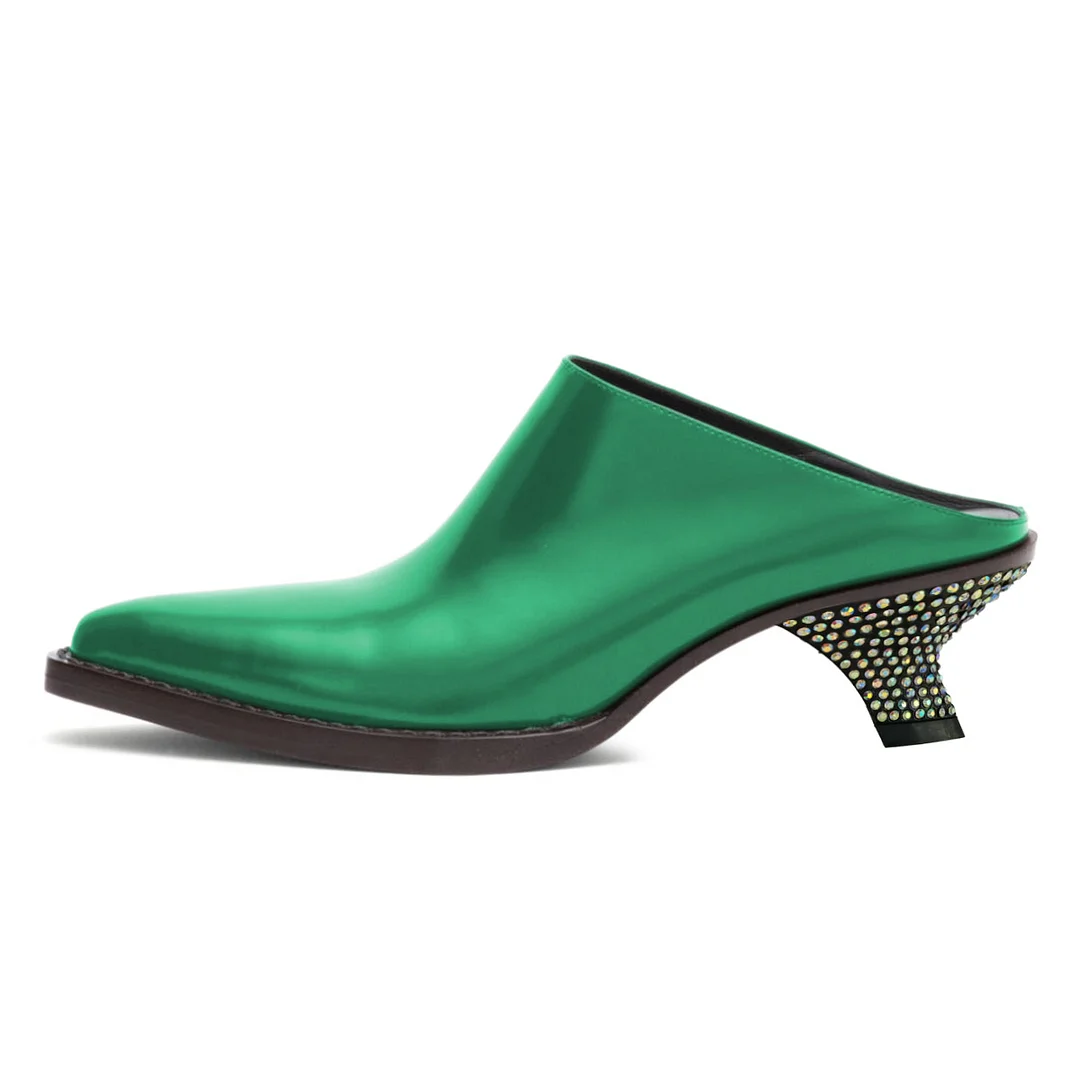 Green Decorative Heel Pointed Toe Mules Shoes with Rhinestones